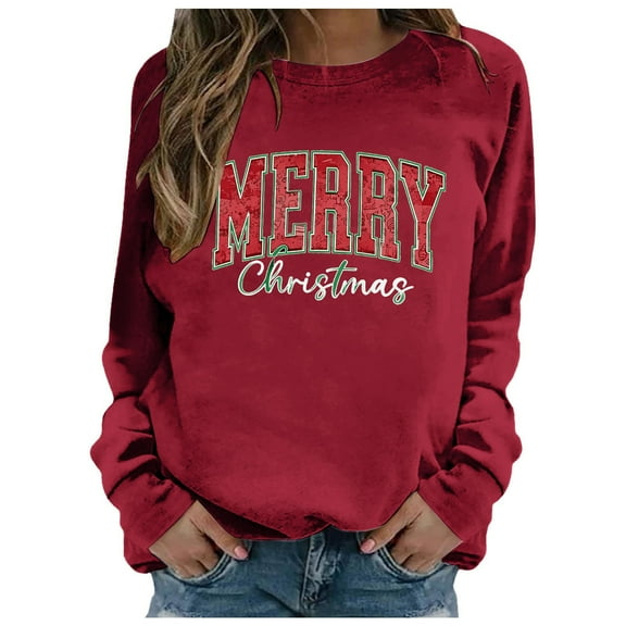 Christmas Sweatshirts Women Womens Merry Christmas Pullover Crew Neck Long Sleeve Streetwear Sweatshirt Wear Christmas Hoodies Women Red L