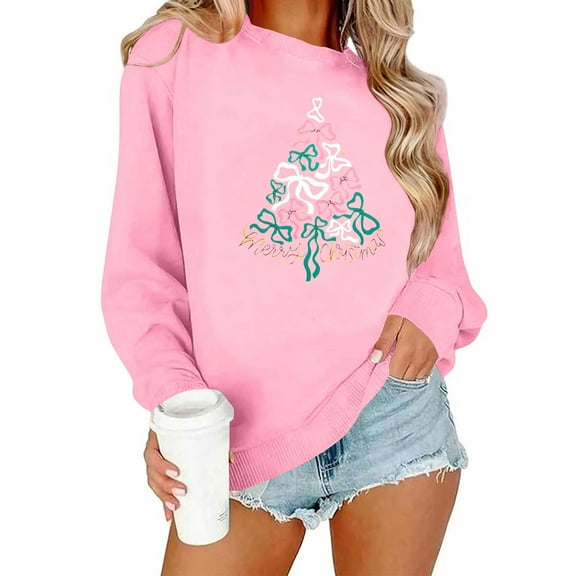 Christmas Sweatshirts for Womens Fashion Xmas Bow Tree Printed Shirt Merry Christmas Tops Casual Holiday Long Sleeve Blouses Crewneck Sweatshirt Pullover Top