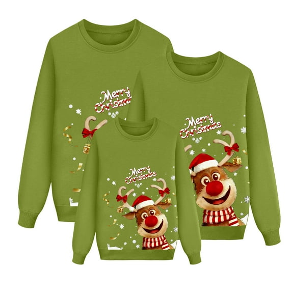 Christmas Sweatshirts for Family Matching Pullover Crewneck Cute Graphic Reindeer Letter Print Xmas Long Sleeve Tops Kids Green 2Y