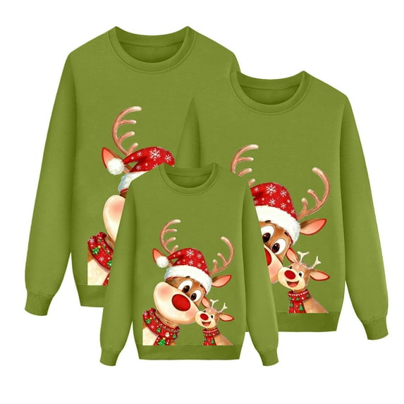 Christmas Sweatshirts for Family Matching Pullover Crewneck Cute Graphic Reindeer Print Xmas Long Sleeve Tops Men Green M