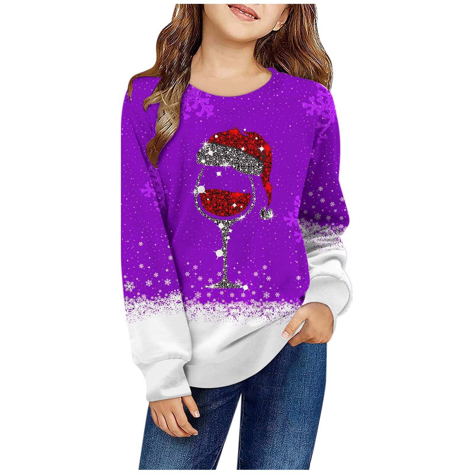 Christmas Sweatshirts for Girls 2024 Red Wine Glass Graphic Ugly