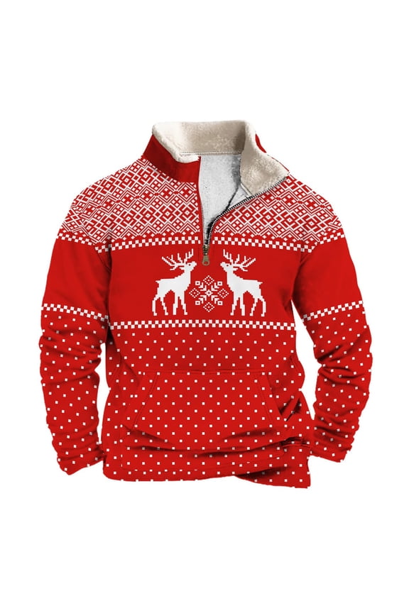 Christmas Sweatshirts for Men Half Zip Xmas Reindeer Snowflake Print Collared Sweaters Fall Winter Cozy Warm Pulloves Tops