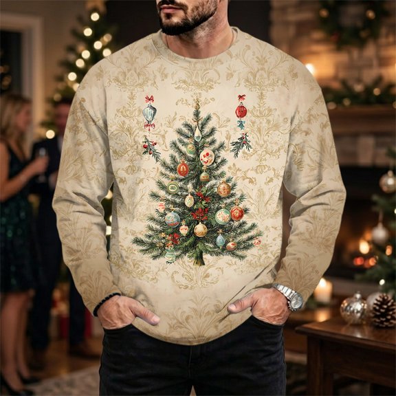 Christmas Sweatshirts for Men Snowflakes Graphic Casual Long Sleeve Crew-Neck T Shirts Stylish Outdoor Holiday Pullover Winter Top Khaki S