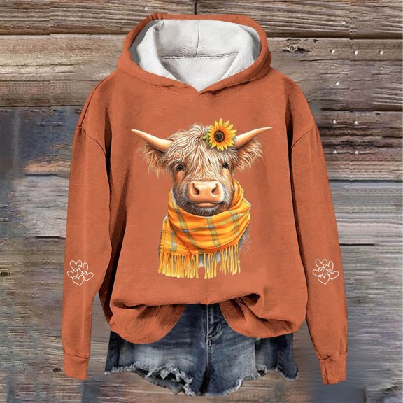 Christmas Sweatshirts for Women 2025 Cow Print Tops Festive Western Graphic Pullover for Cozy Hoody Holiday Style Women Hoodies Orange M
