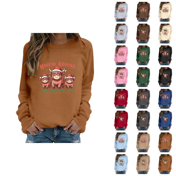 Christmas Sweatshirts for Women 2025 Have Yourself A Mooey Little Christmas Highland Cow Graphic Sweatshirt Pullover Tops