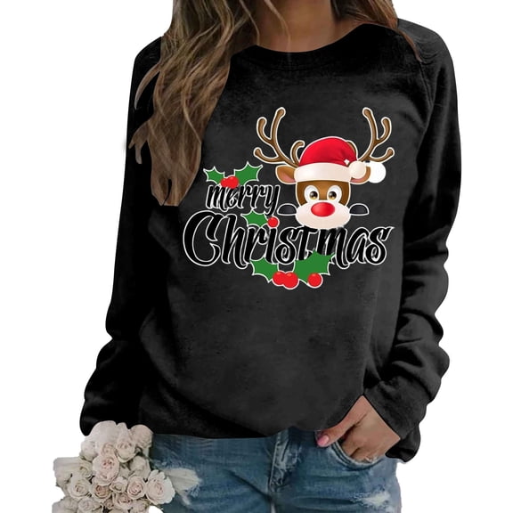 Christmas Sweatshirts for Women 2025 Long Sleeve Crewneck Festive Xmas Holiday Graphic Sweatshirt Pullover Tops