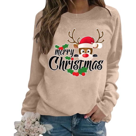 Christmas Sweatshirts for Women 2025 Long Sleeve Crewneck Festive Xmas Holiday Graphic Sweatshirt Pullover Tops