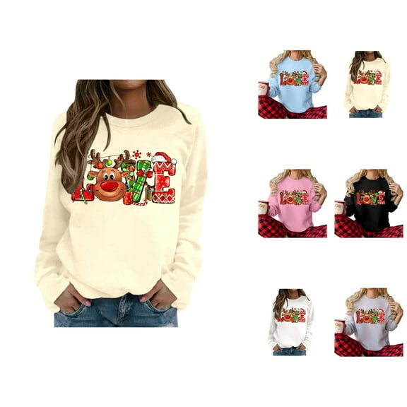 Christmas Sweatshirts for Women 2025 Long Sleeve Crewneck Holiday Love Graphic Sweatshirt Pullover Tops