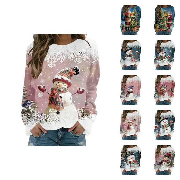 Christmas Sweatshirts for Women 2025 Long Sleeve Crewneck Snowflake Snowman Graphic Sweatshirt Pullover Tops