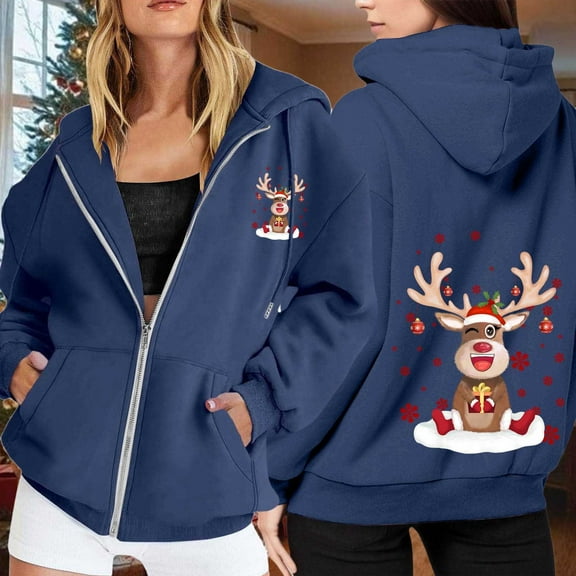 Christmas Sweatshirts for Women 2025 Women'S Christmas Printed Zipper Long Sleeved Pocket Drawstring Casual Fleece Hooded Hoody Womens Hoodie Navy S