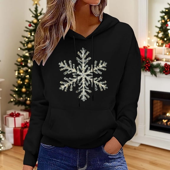 Christmas Sweatshirts for Women 2025 Women'S Hooded Hoody Long Sleeve Drawstring Print Oversized Fall Pocket Tops Women Hoodies Black L