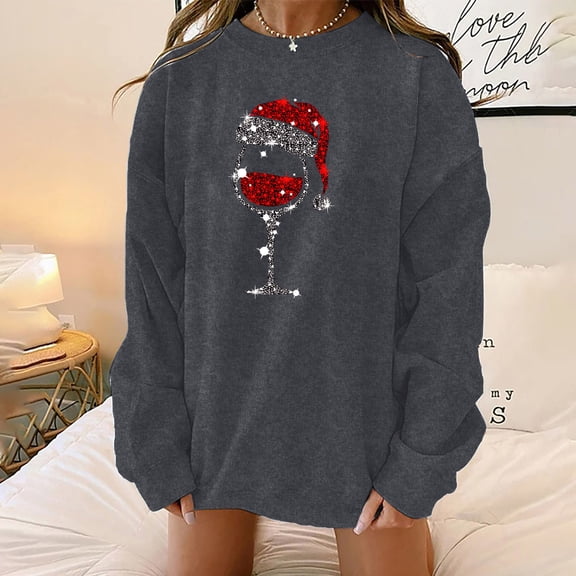 Christmas Sweatshirts for Women 2025 Women'S Long Sleeve Hoody Christmas Print Round Neck Fashion Pullover Hoodies for Women Grey S