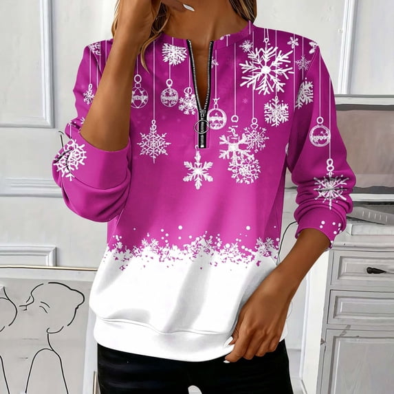 Christmas Sweatshirts for Women 2026 Novelty Snowflake Print Holiday Shirts Trendy Quarter Zip Long Sleeve Pullover
