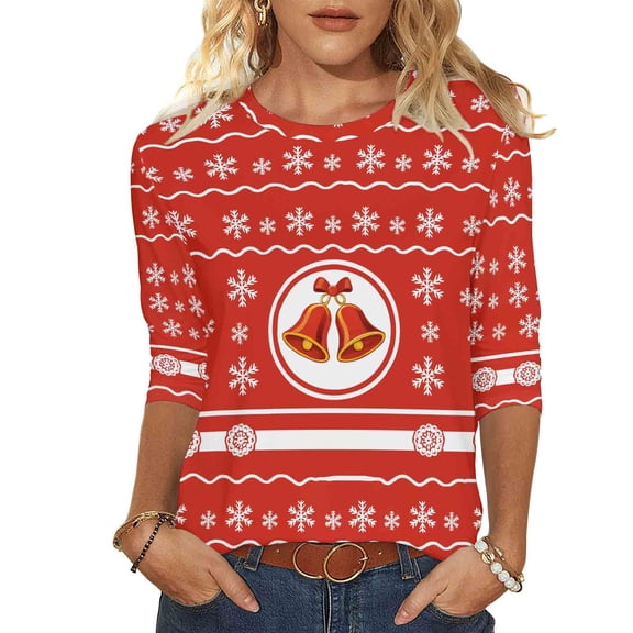 Christmas Sweatshirts for Women 3/4 Length Sleeve Christmas Tops Xmas Graphic Pullover Sweater Blouses Fleece Xmas Holiday Blouses Tops
