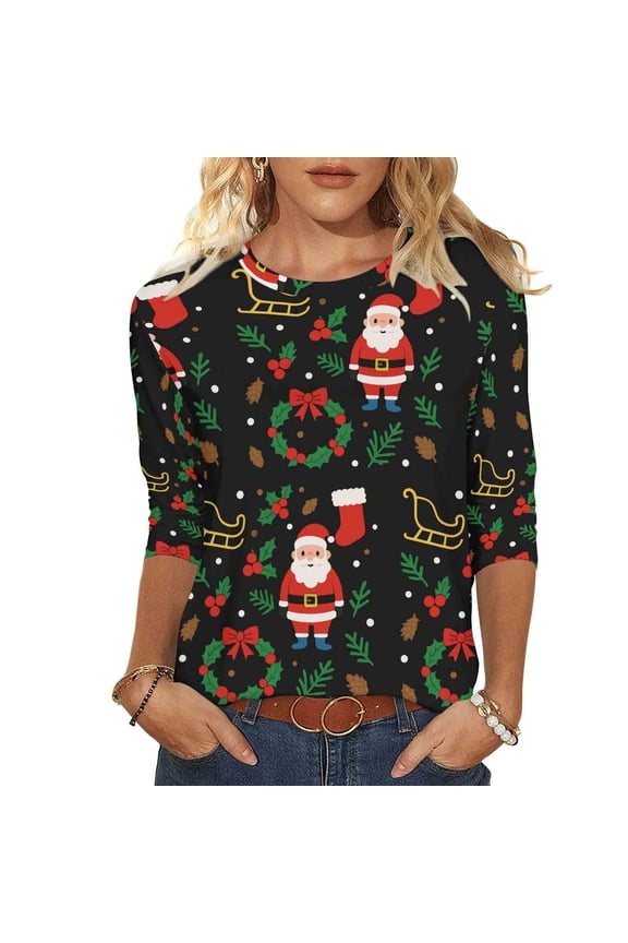 Christmas Sweatshirts for Women 3/4 Length Sleeve Christmas Tops Xmas Graphic Pullover Sweater Blouses Fleece Xmas Holiday Blouses Tops