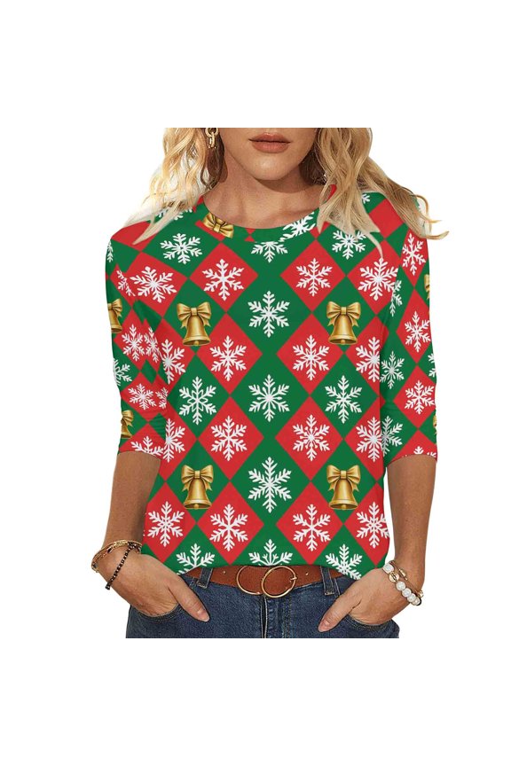 Christmas Sweatshirts for Women 3/4 Length Sleeve Christmas Tops Xmas Graphic Pullover Sweater Blouses Fleece Xmas Holiday Blouses Tops
