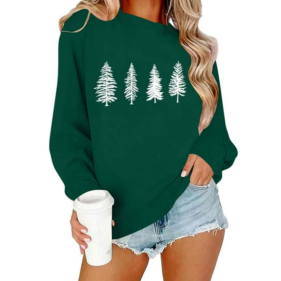 Christmas Sweatshirts for Women Casual Christmas Tree Graphic Long Sleeve Shirt Xmas Holiday Party Pullover Blouse