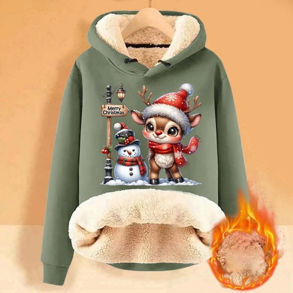 Christmas Sweatshirts for Women Christmas Cute Deer Print Women'S Fall Winter Velvet Thickened Warm Cardigan Hooded Hoody Womens Hoodie Light Green L