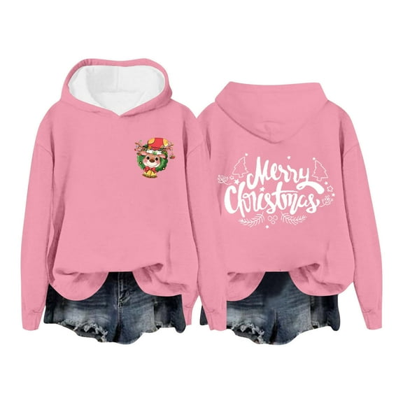 Christmas Sweatshirts for Women Christmas Hoody Long Sleeve Printed Fleeced Hooded Tops with Hood Cute Fall Clothes Women Hoodies Pink XL