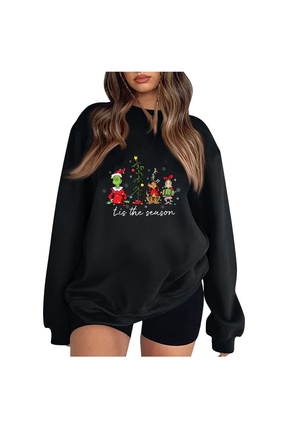 Women'S Christmas Sweat Shirt Long Sleeve Funny Cute Xmas Crewneck Pullover 2-Black M Q