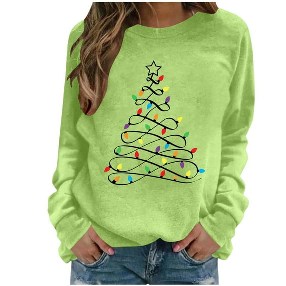 Christmas Sweatshirts for Women Christmas Tree Print Pullover Tops Xmas Cute Graphic Long Sleeve Fleece Shirt