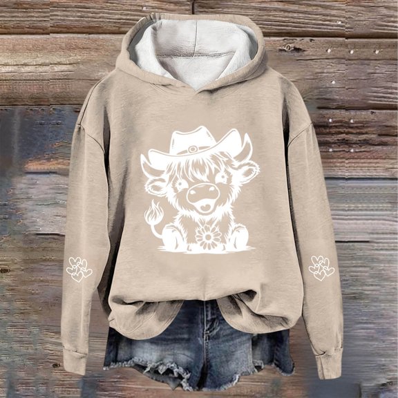Christmas Sweatshirts for Women Cow Print Tops Festive Western Graphic Pullover for Cozy Fleece Hoody Holiday Themed Soft Top Women Hoodies Khaki L