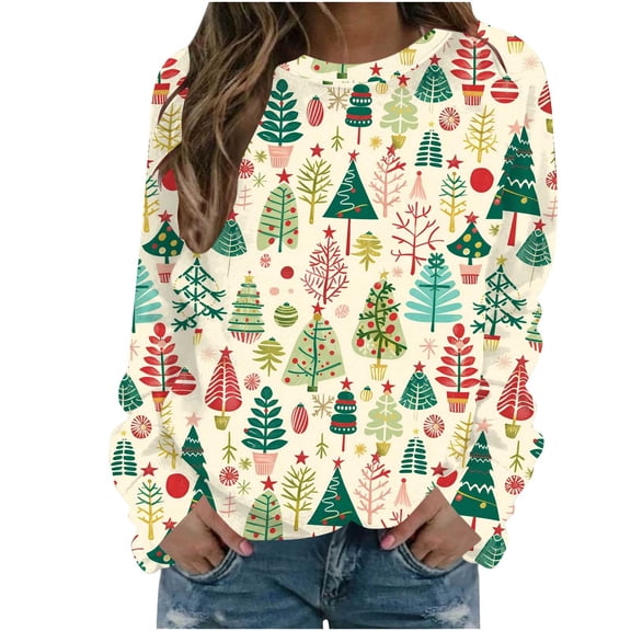 Christmas Sweatshirts for Women Crew Neck Casual Print Long Sleeve Fashion Pullover Hoodless Sweatshirt