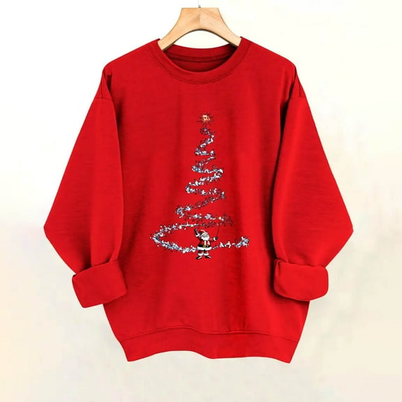 Christmas Sweatshirts for Women Crewneck Christmas Tree Graphic Long Sleeve Pullover Casual Festive Holiday Party Cozy Top