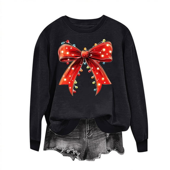 Christmas Sweatshirts for Women Crewneck Long Sleeve Fleece Pullover Oversized Top Oversized Cute Print Loose Fit Hoodie (Black L)