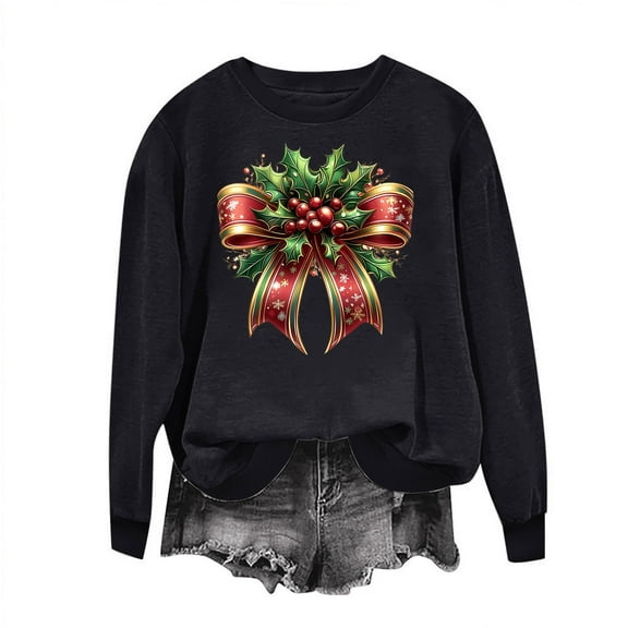 Christmas Sweatshirts for Women Crewneck Long Sleeve Fleece Pullover Oversized Top Oversized Cute Print Loose Fit Hoodie (Black S)
