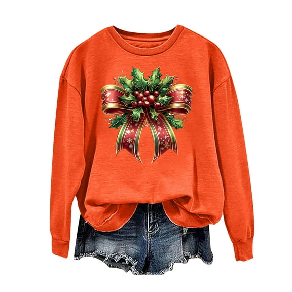Christmas Sweatshirts for Women Crewneck Long Sleeve Fleece Pullover Oversized Top Oversized Cute Print Loose Fit Hoodie (Orange S)