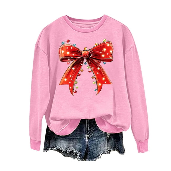 Christmas Sweatshirts for Women Crewneck Long Sleeve Fleece Pullover Oversized Top Oversized Cute Print Loose Fit Hoodie (Pink S)