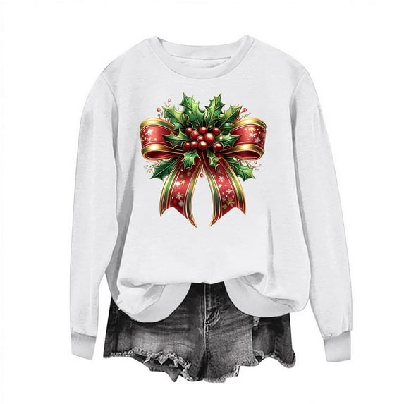 Christmas Sweatshirts for Women Crewneck Long Sleeve Fleece Pullover Oversized Top Oversized Cute Print Loose Fit Hoodie (White M)
