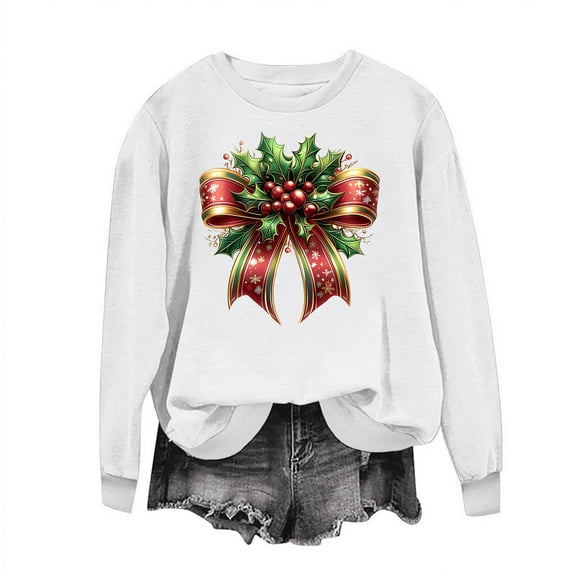 Christmas Sweatshirts for Women Crewneck Long Sleeve Fleece Pullover Oversized Top Oversized Cute Print Loose Fit Hoodie (White XL)