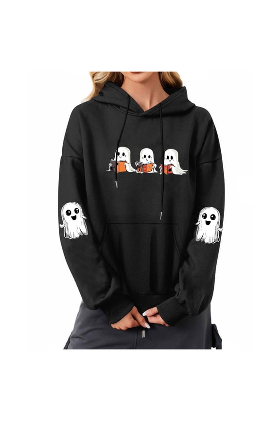 Halloween Hoodies Sweatshirts for Women Cute Ghost Sweatshirt Fall Winter Graphic Pullover Tops with Pockets