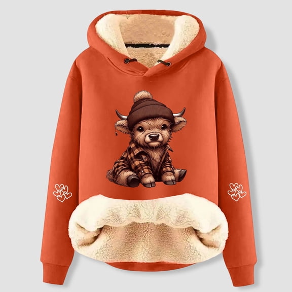 Christmas Sweatshirts for Women Cute Cow Print Fleece Lined Tops Casual Fashion Long Sleeve Hoody for Cozy Comfort Christmas Hoodie Orange M