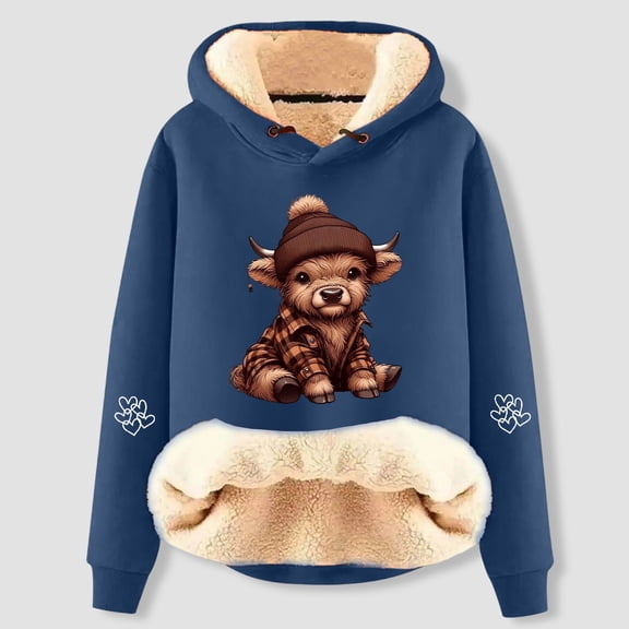 Christmas Sweatshirts for Women Cute Cow Print Lined Tops Casual Fashion Long Sleeve Hoody for Cozy Comfort Women Hoodies Navy M