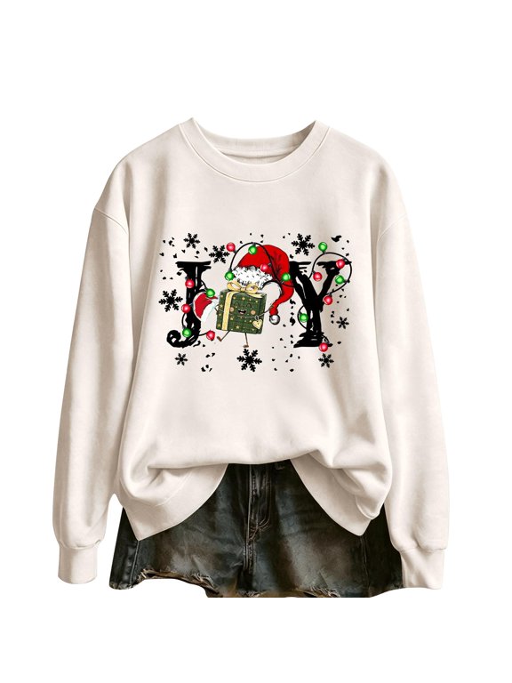 Christmas Sweatshirts for Women Cute Santa JOY Letter Print Holiday Funny Xmas Casual Winter Long Sleeve Crewneck Pullover Tops Beige M