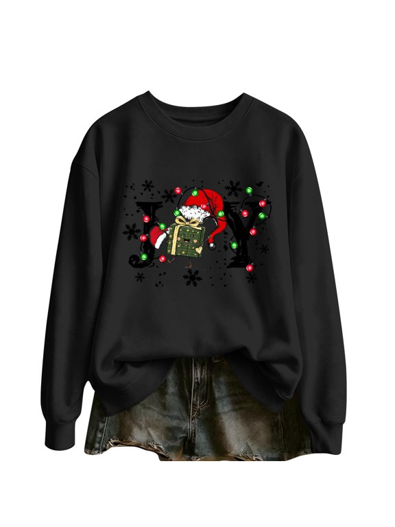 Christmas Sweatshirts for Women Cute Santa JOY Letter Print Holiday Funny Xmas Casual Winter Long Sleeve Crewneck Pullover Tops Black M