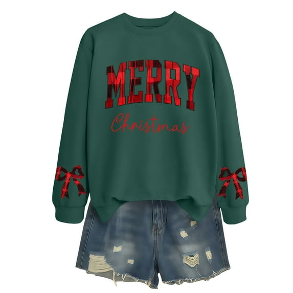 Christmas Sweatshirts for Women Family Women's Sweatshirt Long-Sleeve Fashion Clothing Relaxed Girls Clothes Blackish Green
