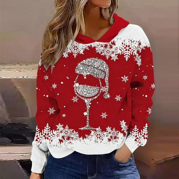 Christmas Sweatshirts for Women Festive Glitter Pullover Tops Cozy Long Sleeve Casual Crewneck Hoody with Sequins for Holiday Christmas Hoodie Red L