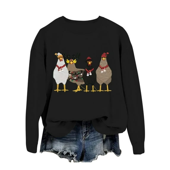 Christmas Sweatshirts for Women Funny Christmas Chick Farm Animal Print Winter Clothing for Women,Black,M