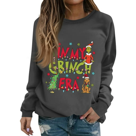 Christmas Sweatshirts for Women Funny Christmas Tree Xmas Cute Graphic Long Sleeve Pullover Dark Gray Large