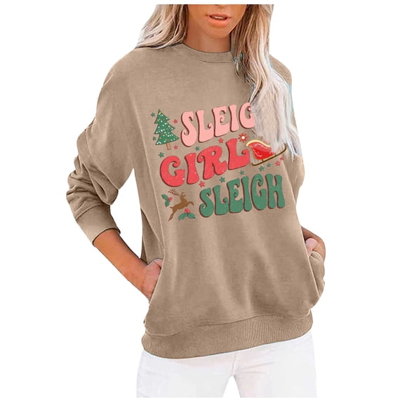 Christmas Sweatshirts for Women Graphic Letter Printed Sweatshirts Casual Crewneck Fleece Pockets Sweatshirt Fashion Oversized Fall Winter Basic Wear