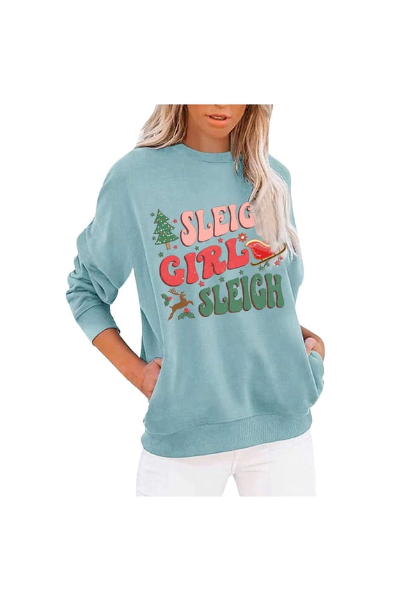Christmas Sweatshirts for Women Graphic Letter Printed Sweatshirts Casual Crewneck Fleece Pockets Sweatshirt Fashion Oversized Fall Winter Basic Wear