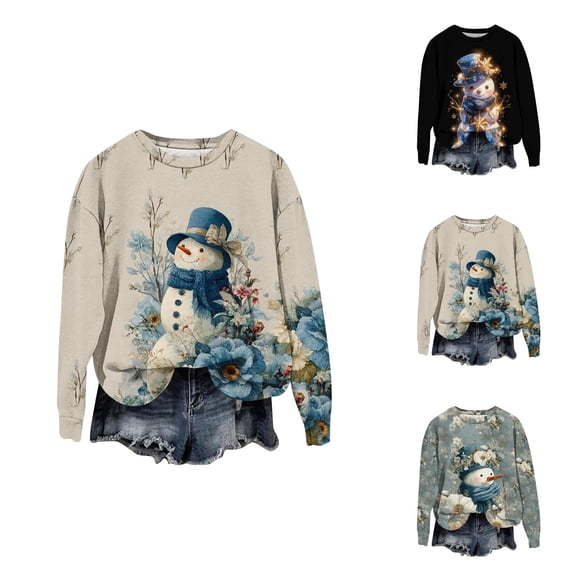 Christmas Sweatshirts for Women Long Sleeve Crewneck Loose Casual Cute Snowman Graphic Sweatshirt Pullover Tops
