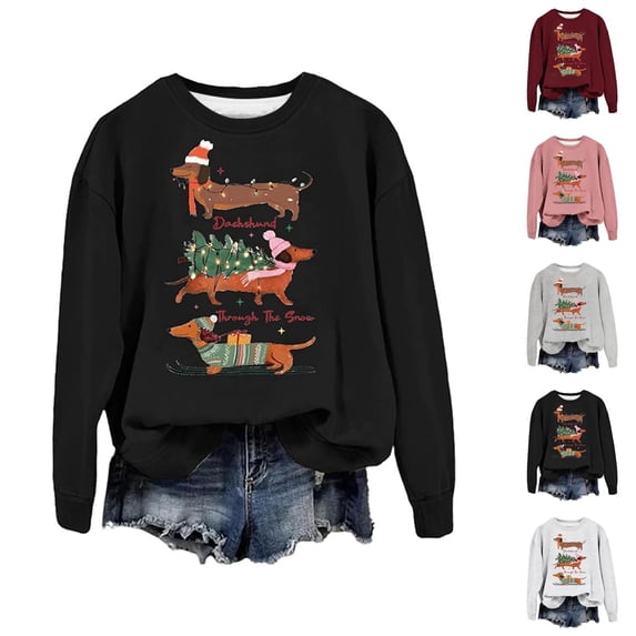 Christmas Sweatshirts for Women Long Sleeve Loose Casual Crewneck Funny Cute Dachshund Graphic Sweatshirt Pullover Tops