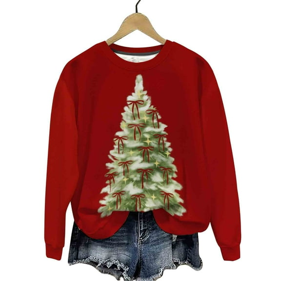 Christmas Sweatshirts for Women Long Sleeve Round Neck Xmas Graphic Trendy 2025 Casual Loose Pullover Tops (XXL, Red)