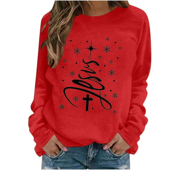 Christmas Sweatshirts for Women Loose Fit Christian Printed Vintage Xmas Tree Holiday Tops Casual Pullovers (L, Wine)