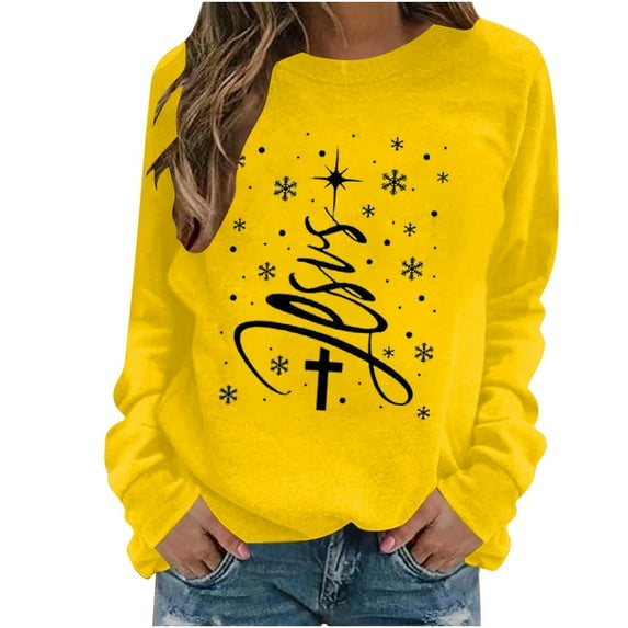 Christmas Sweatshirts for Women Loose Fit Christian Printed Vintage Xmas Tree Holiday Tops Casual Pullovers (L, Yellow)